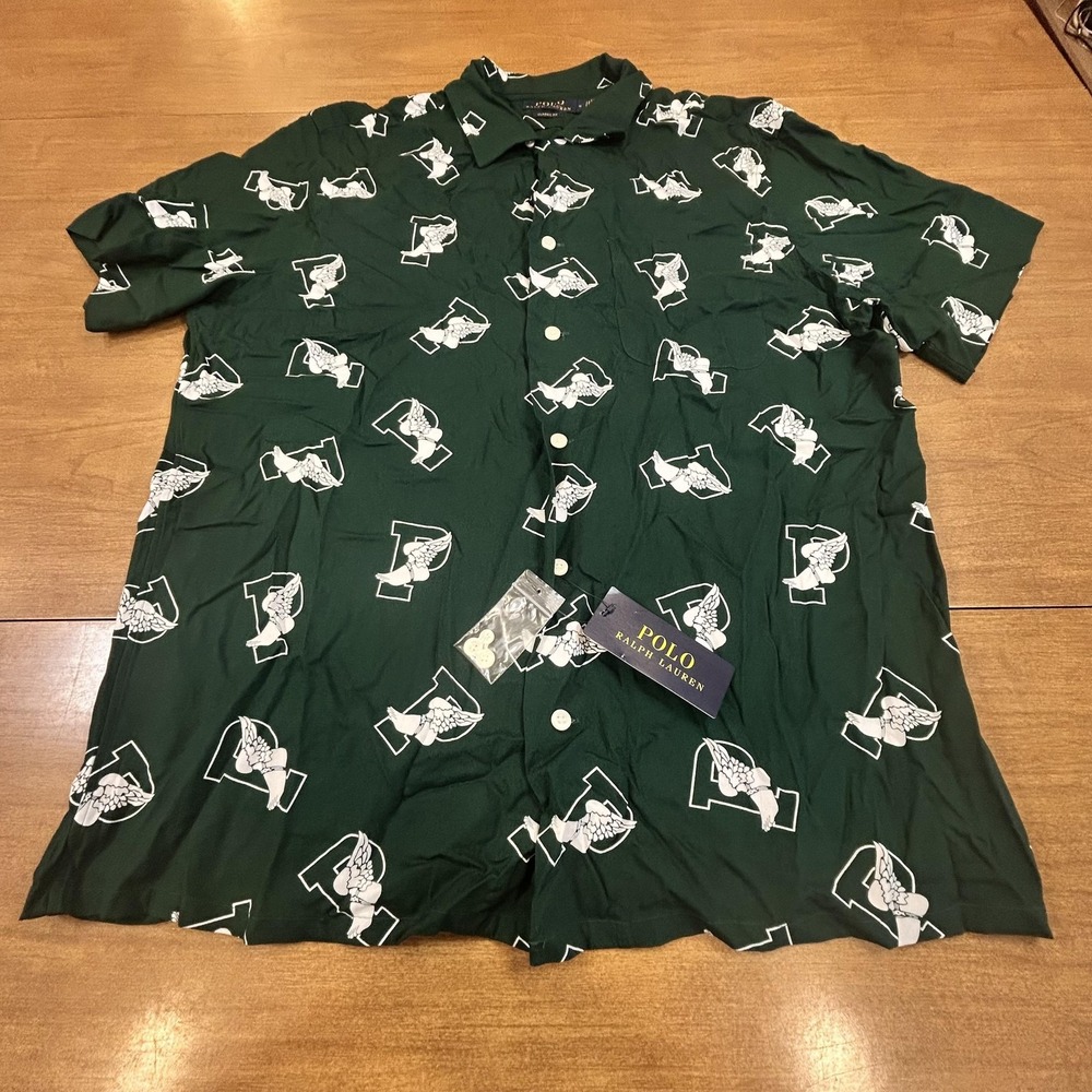 Polo Ralph Lauren Shirt Mens Medium Green Winged Foot Short Sleeve Button Up